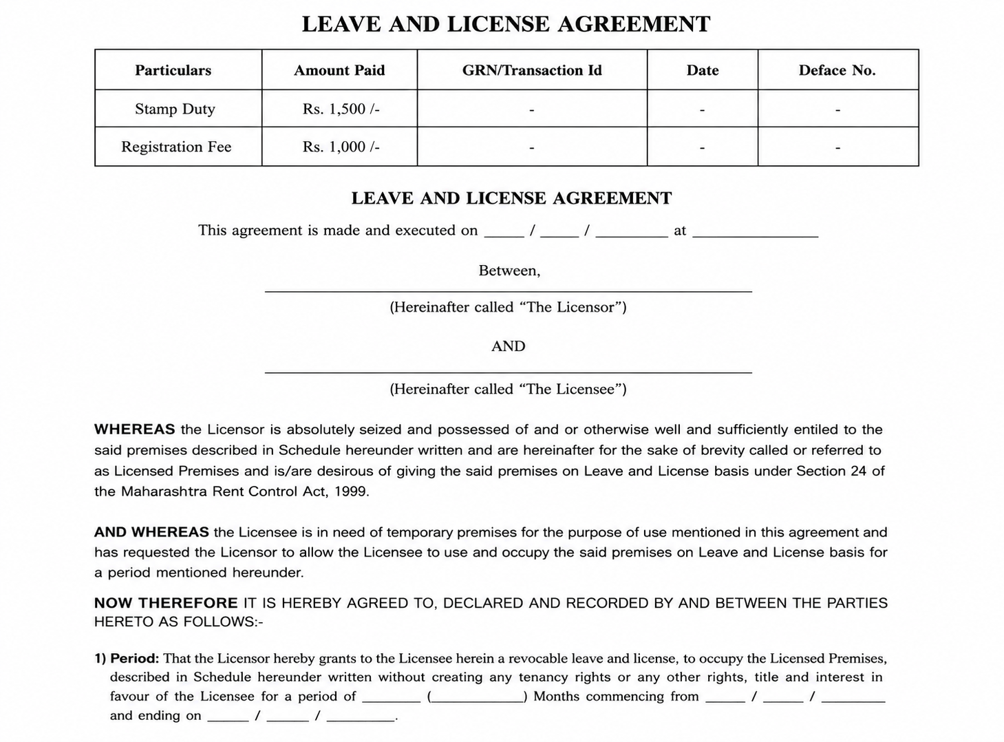 Rent and Leave & License agreement document preview